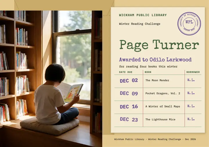 Wickham Public Library winter reading challenge certificate template