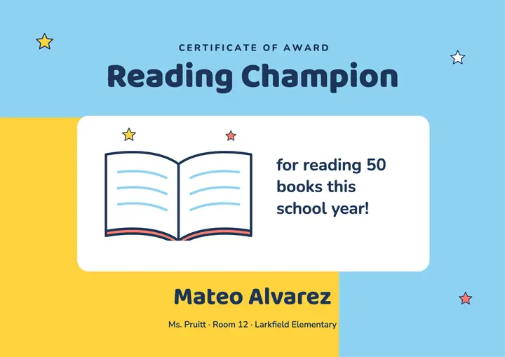 Reading Champion certificate template