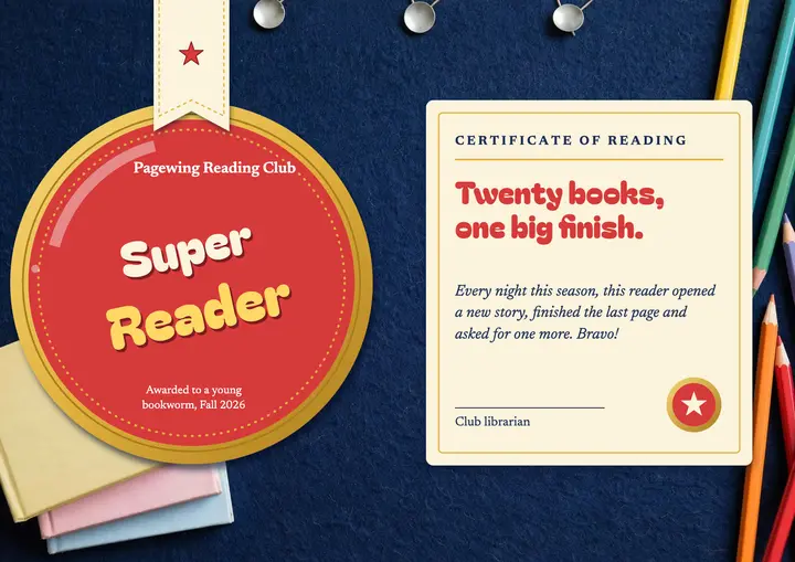 Super Reader award certificate, enamel pin template