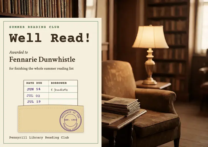 Summer reading club library checkout card certificate template