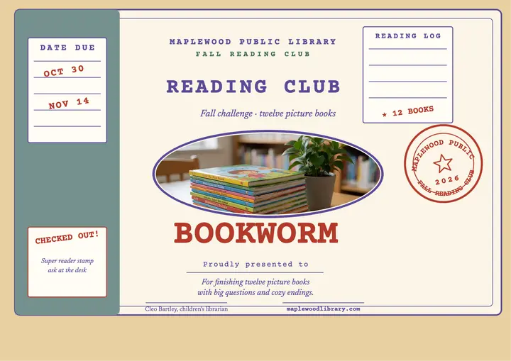 Fall Reading Club library certificate: reading certificate template