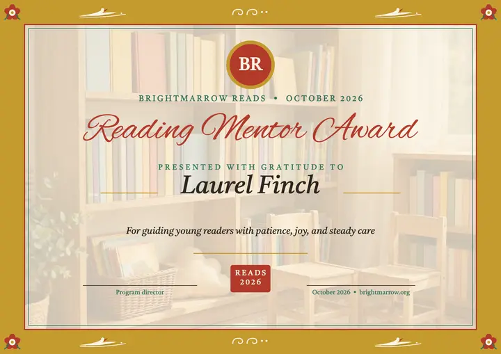 Reading Mentor Award certificate, Brightmarrow template