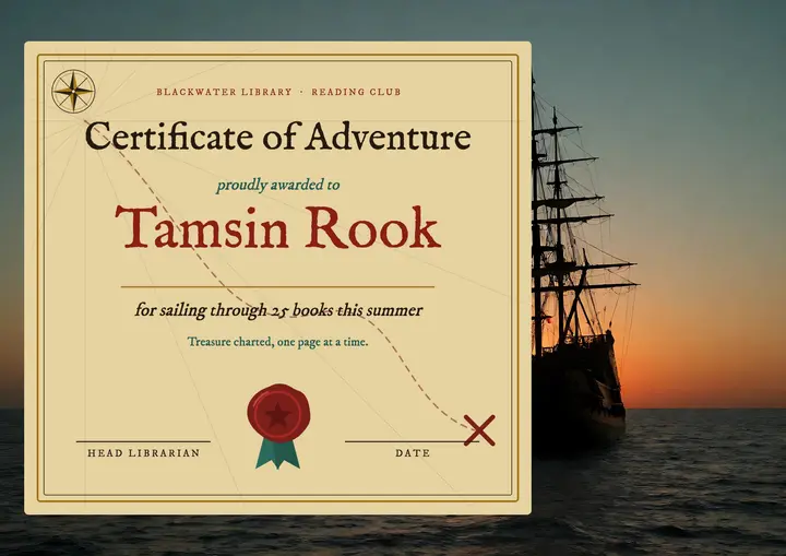 Blackwater Library adventure reading certificate template