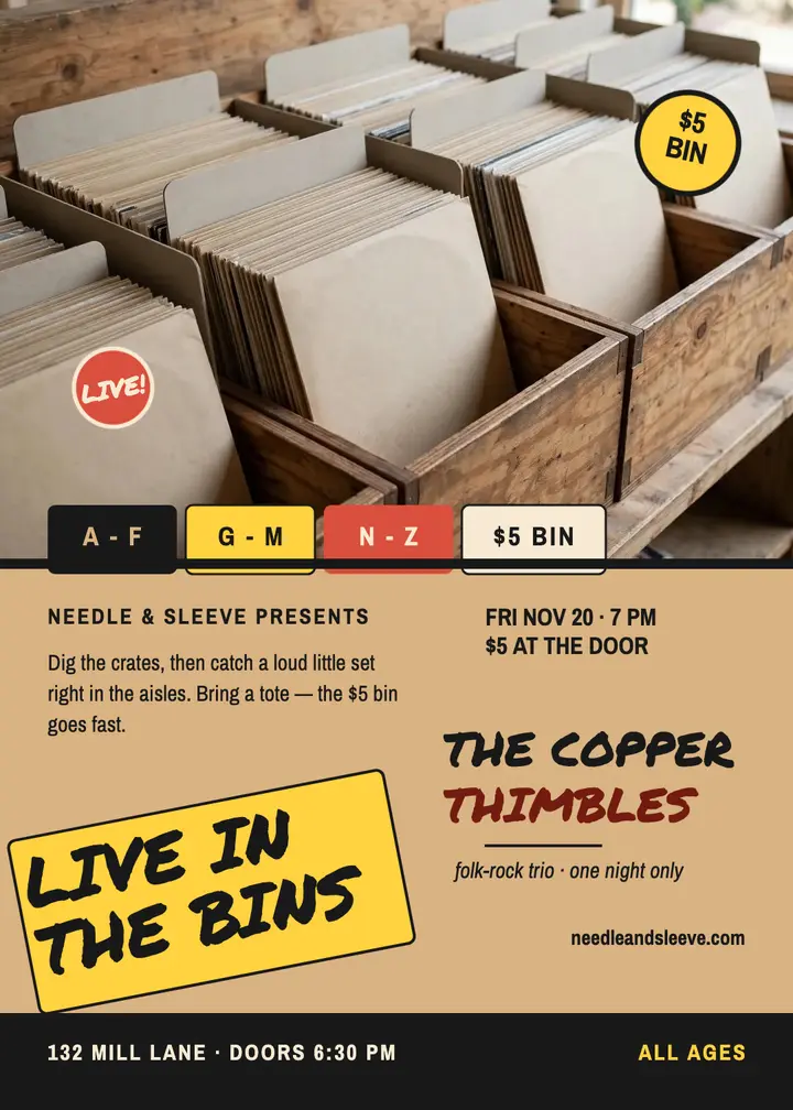 Needle and Sleeve in-store gig invitation template