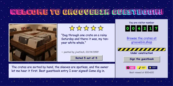 Groovebin Records guestbook review, web 1.0 homepage template