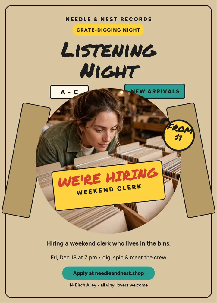 Needle and Nest hiring crate-digging night invite template