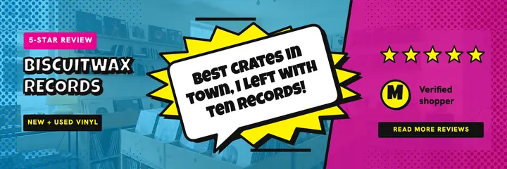 Biscuitwax Records 5-star review header, pop art template