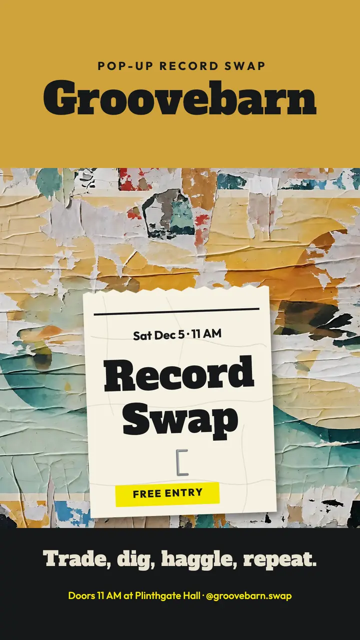 Groovebarn pop-up record swap story, décollage wall template