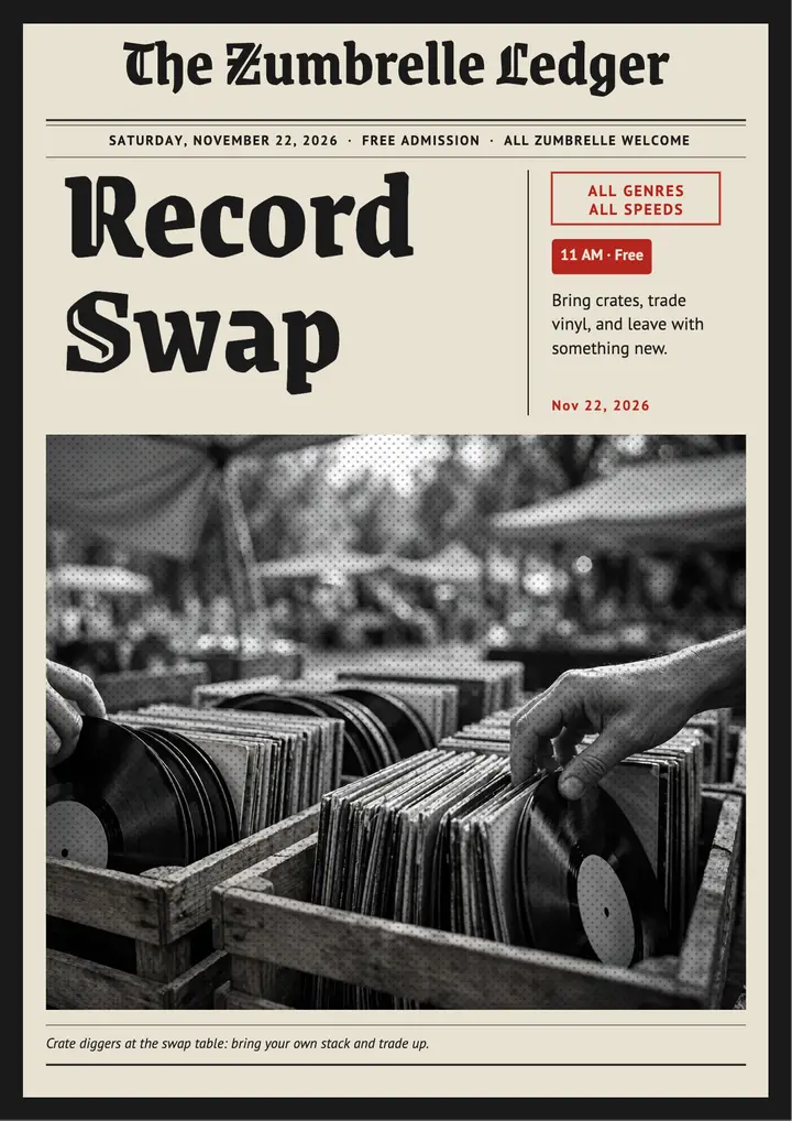Zumbrelle Ledger record swap front page flyer template