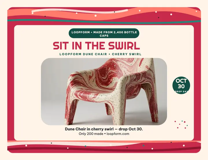 Loopform Dune Chair swirl launch flyer: furniture launch flyer template