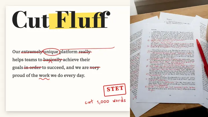 Cut fluff editing tutorial thumbnail, red-pen proof template