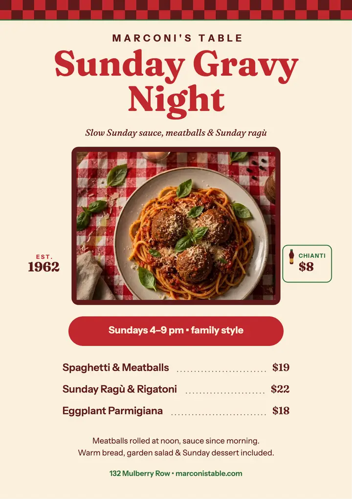 Marconi's Table Sunday gravy night flyer template