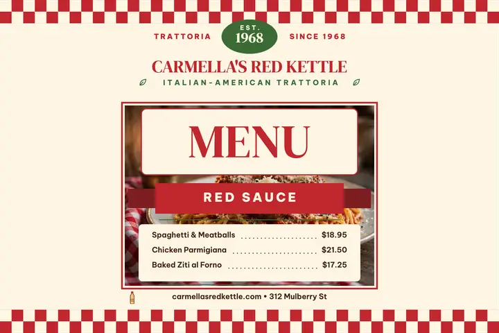 Carmella's Red Kettle trattoria menu postcard template