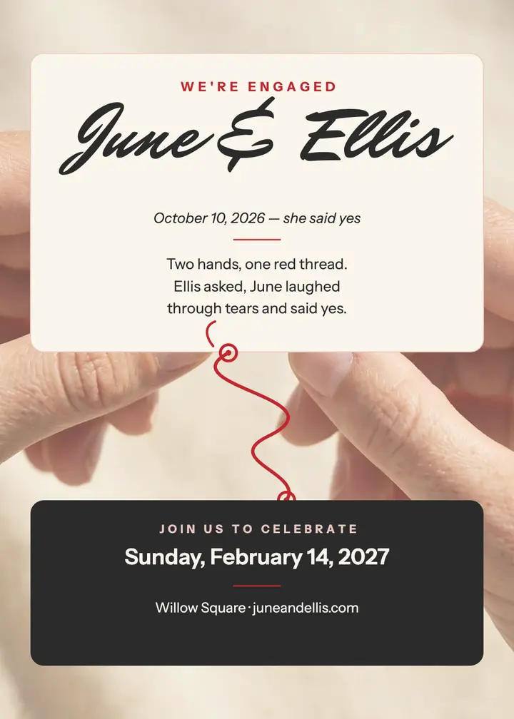 June and Ellis red thread engagement invite template