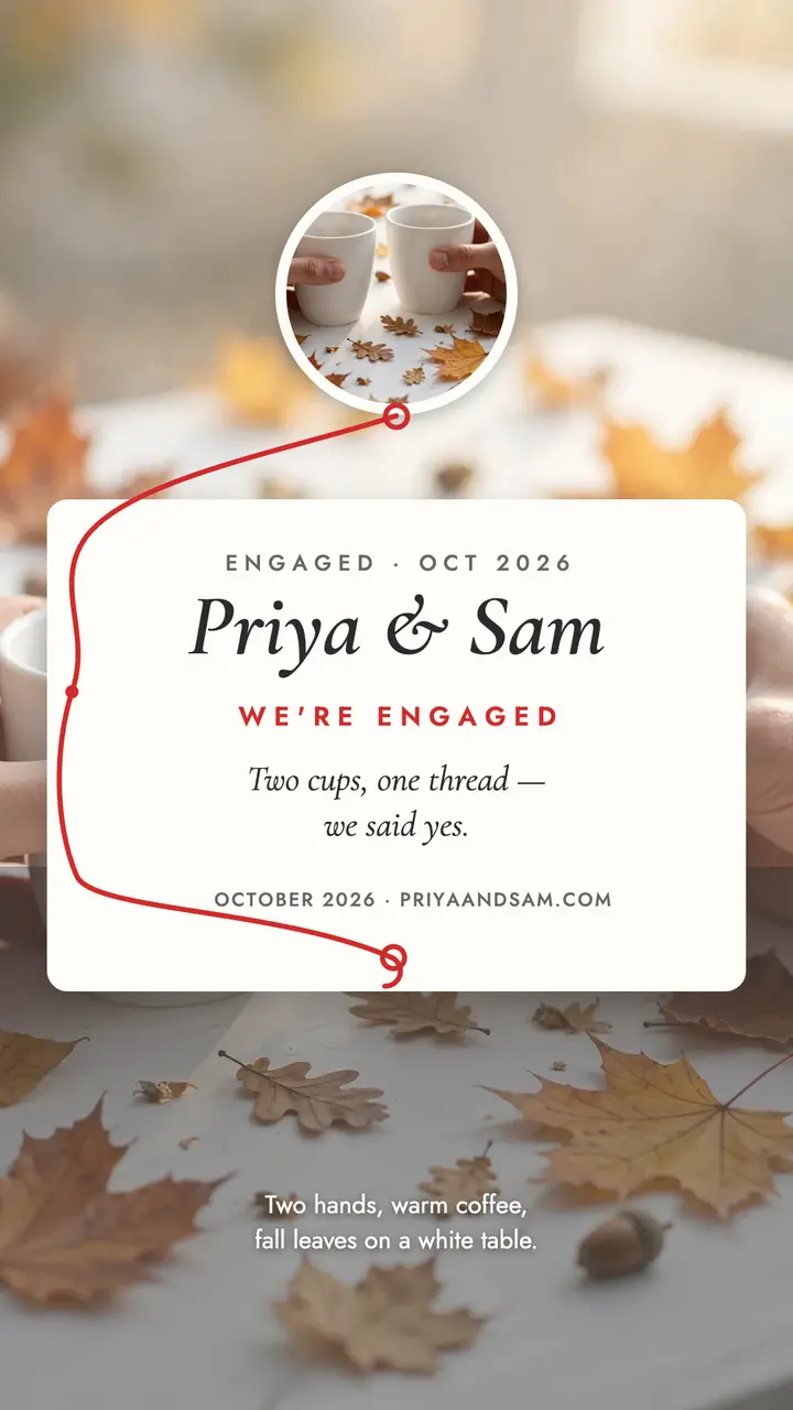 Priya and Sam red thread engagement story: engagement announcement story template