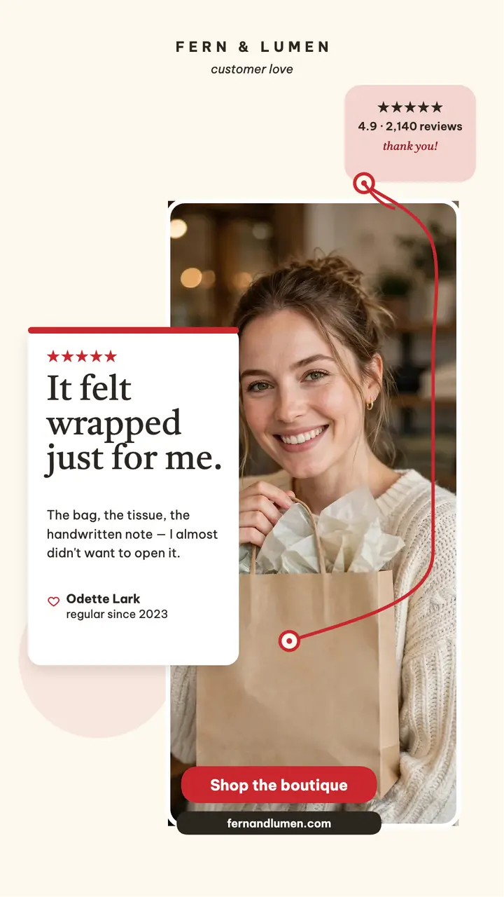 Fern and Lumen love note review story: boutique review story template