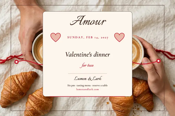 Lumen and Lark Valentine dinner postcard: valentine card postcard template