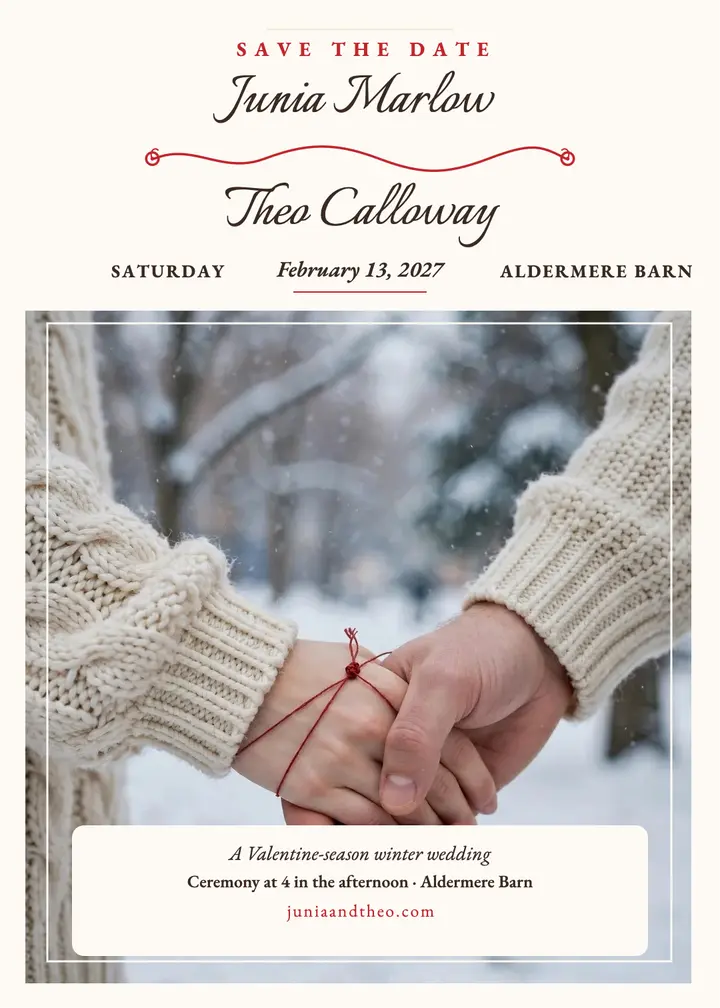 Junia and Theo red thread winter invitation: wedding save-the-date invitation template