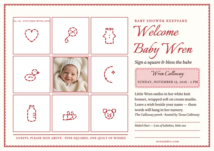 Wren redwork baby guest book certificate template