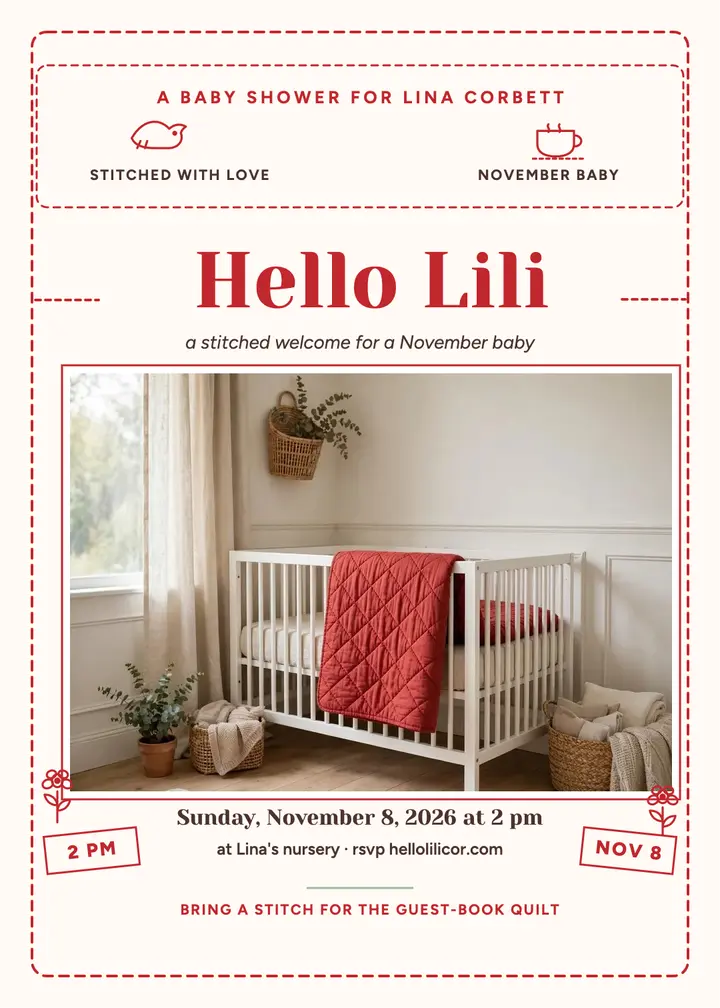 Hello Lili redwork baby shower invitation template