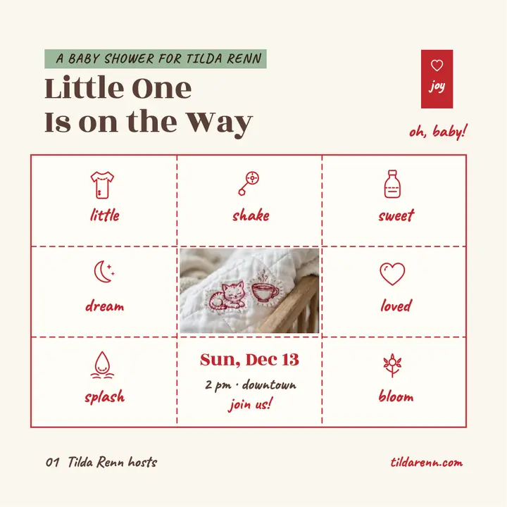 Tilda Renn redwork baby shower invite template
