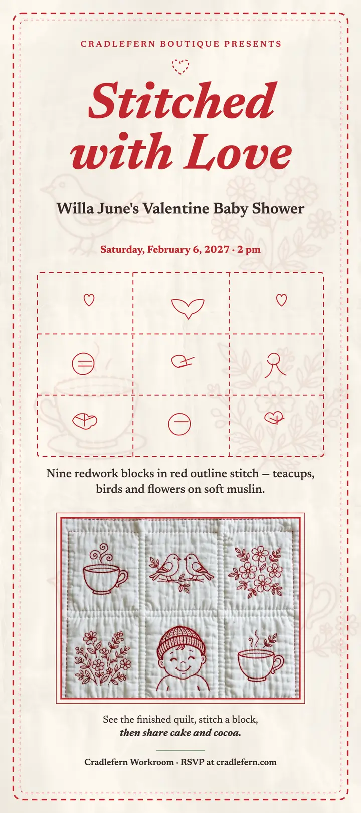 Willa June Valentine shower card, redwork quilt template