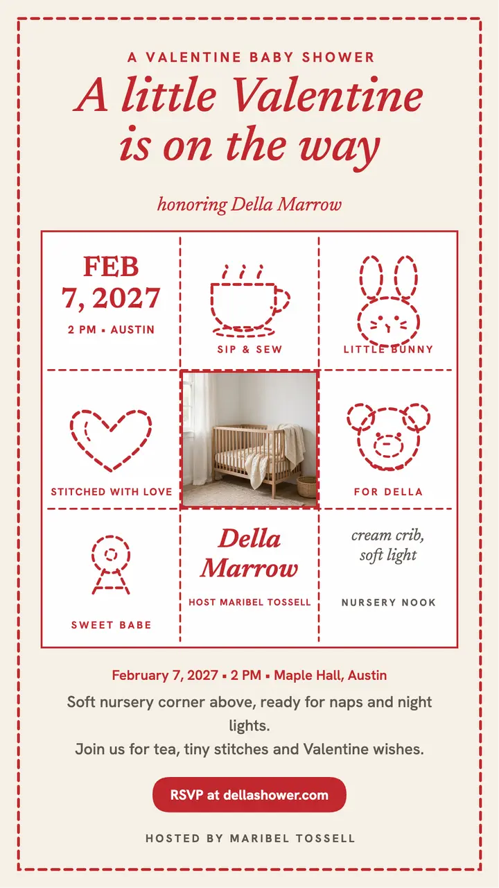 Della Valentine baby shower redwork invite template