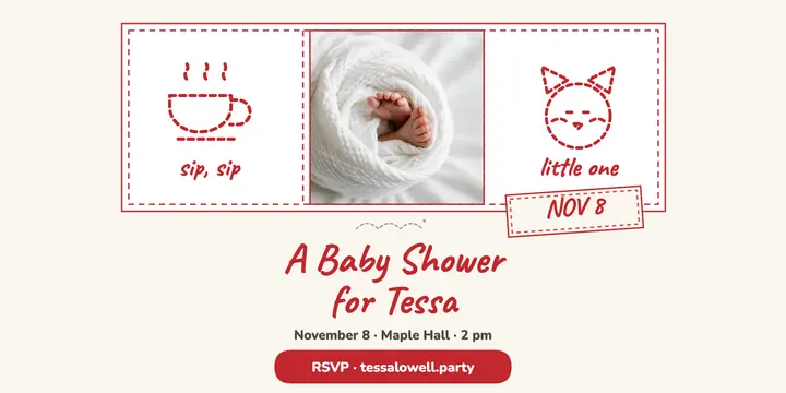 Redwork baby shower invite with teacups: baby shower invite template