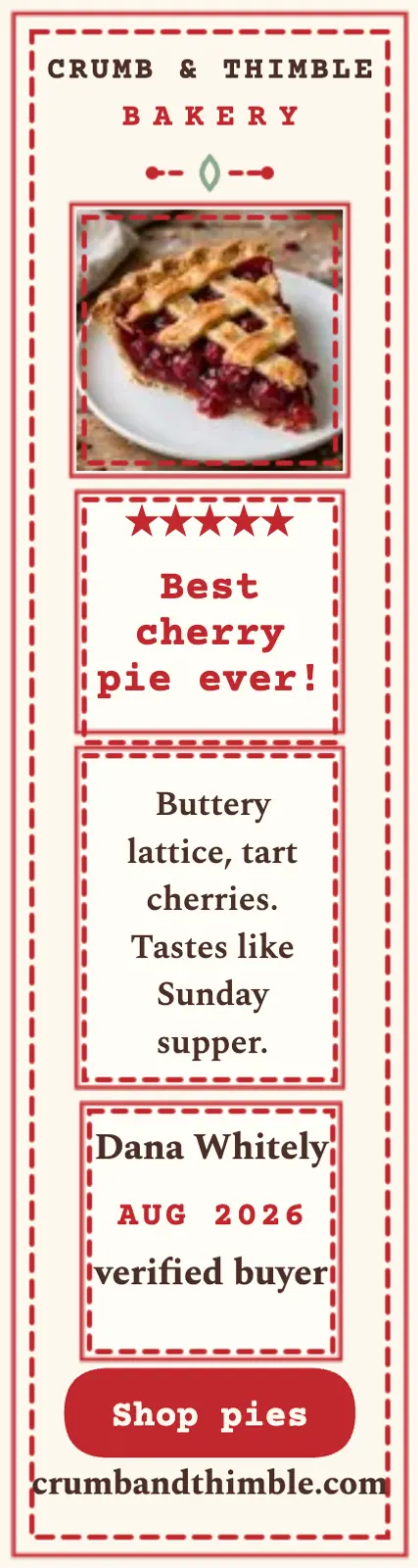 Crumb and Thimble cherry pie review skyscraper: bakery review ad template
