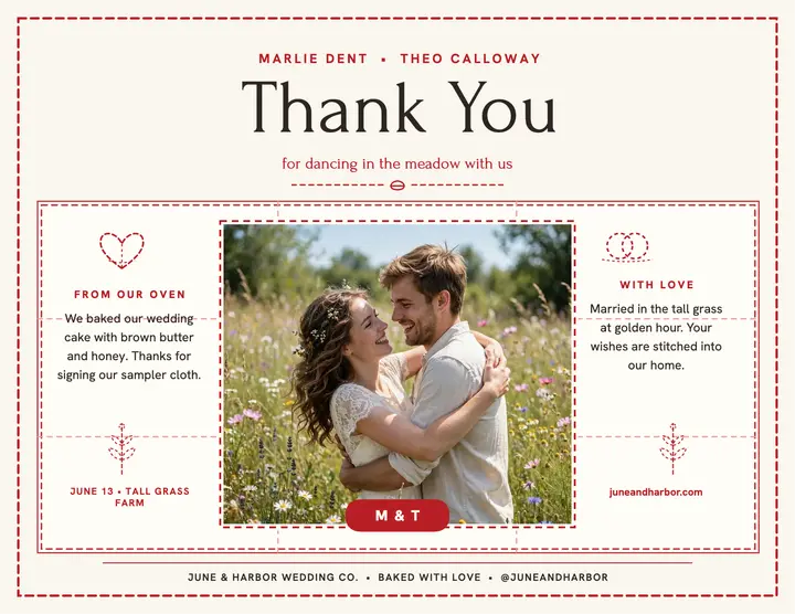 Stitched sampler wedding thank you flyer: wedding thank you flyer template
