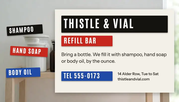 Thistle & Vial refill bar business card, label-maker tape: refill shop business card template