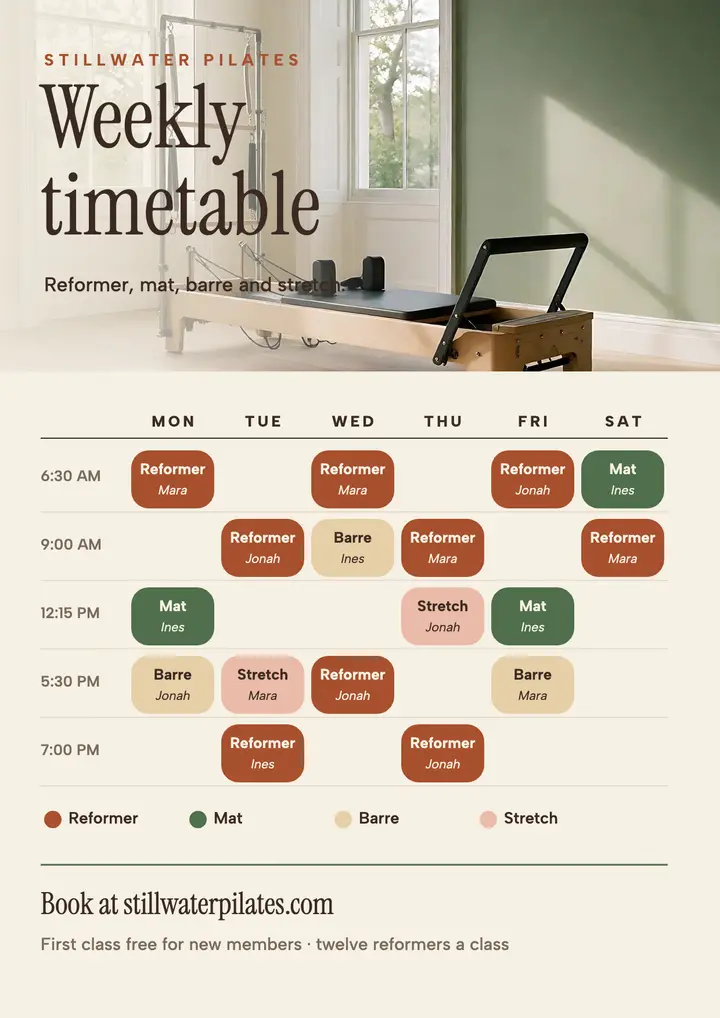 Pilates studio weekly class timetable flyer template