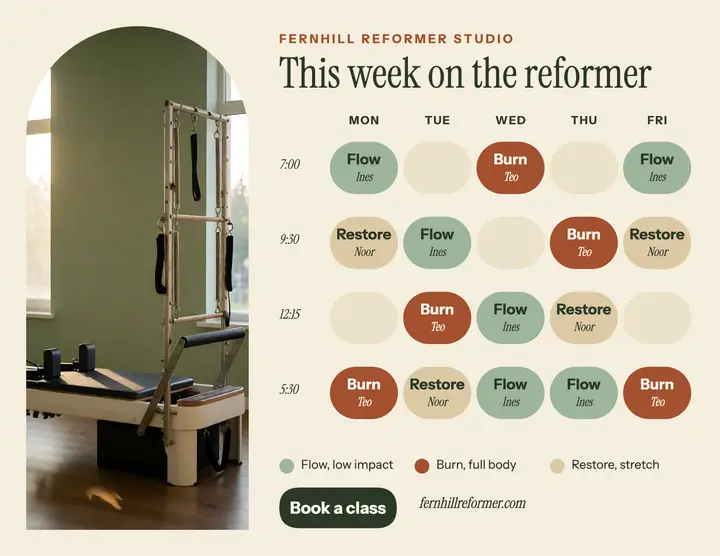 Fernhill reformer class timetable: pilates class timetable flyer template