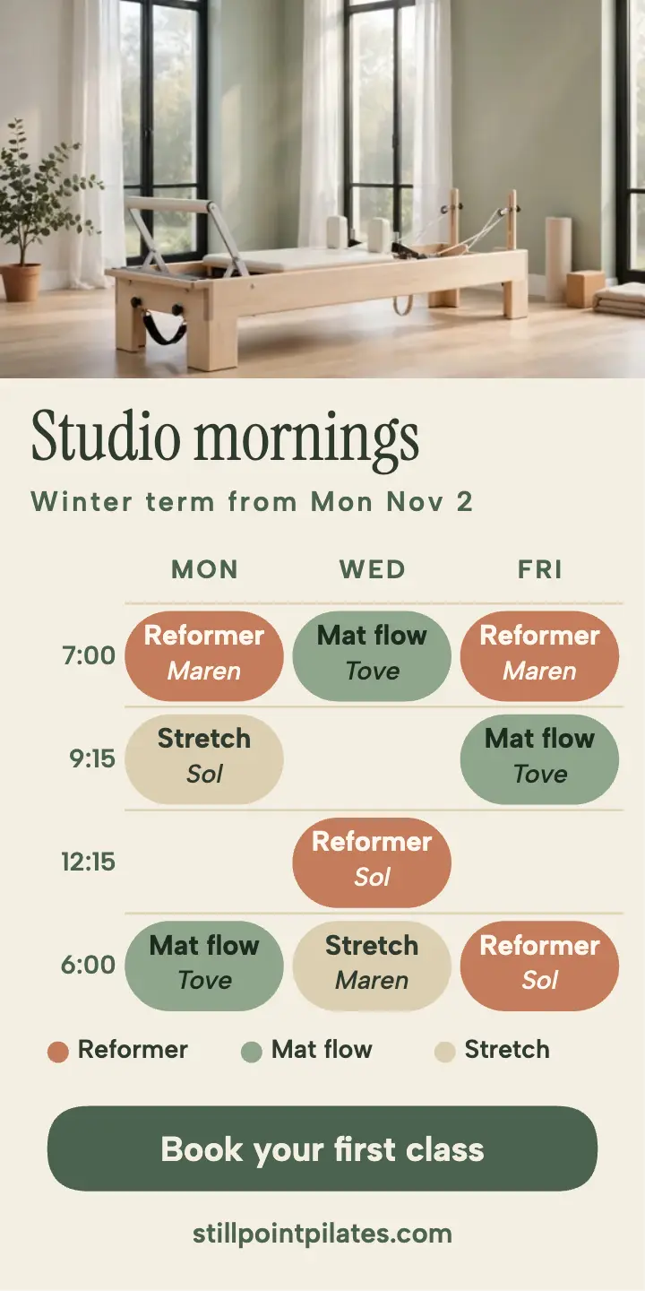 Stillpoint reformer class timetable ad: pilates class timetable ad template