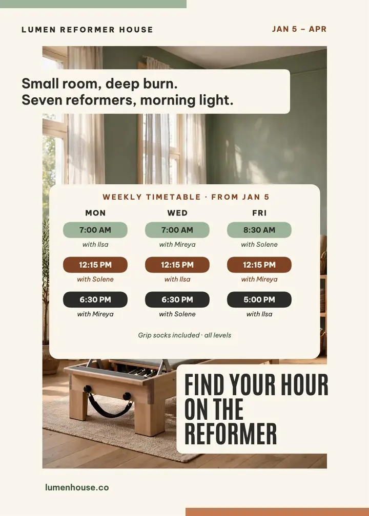 Lumen Reformer House winter timetable invitation: fitness timetable invitation template