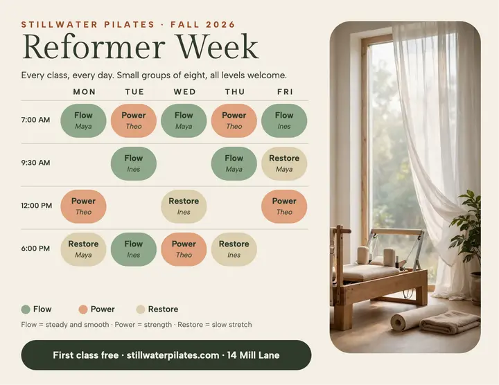 Reformer class schedule flyer, Stillwater Pilates template
