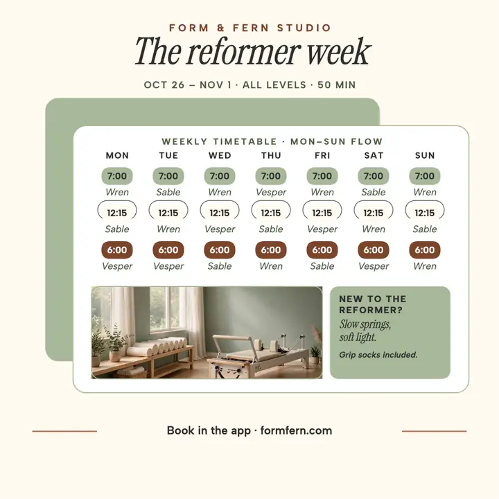 Form and Fern reformer week timetable template