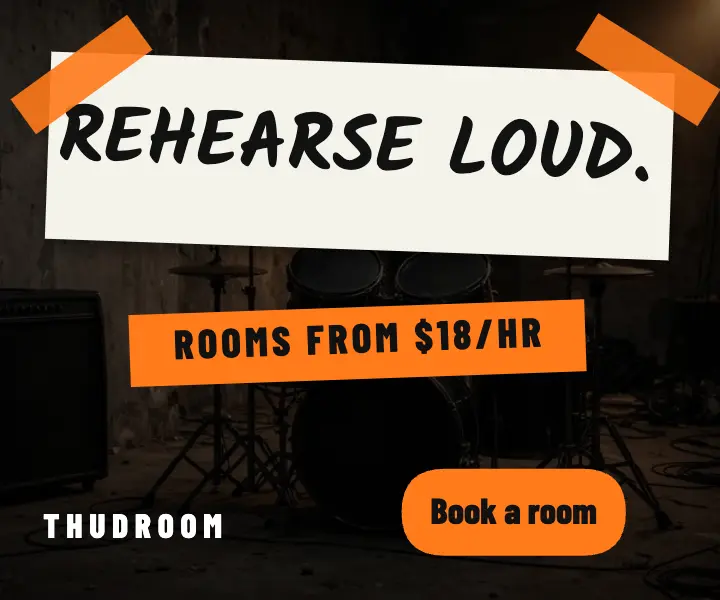 Rehearsal room rates, gaffer-tape setlist: rehearsal room booking ad template