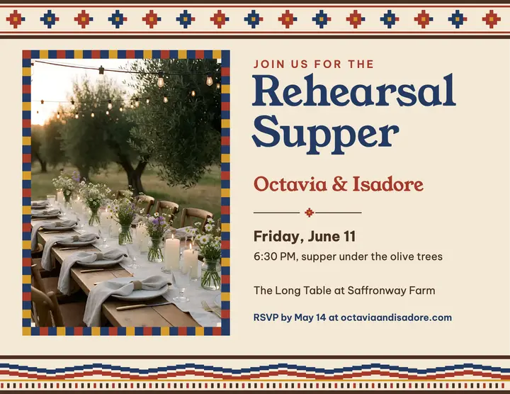 Rehearsal supper invitation kilim flatweave flyer template