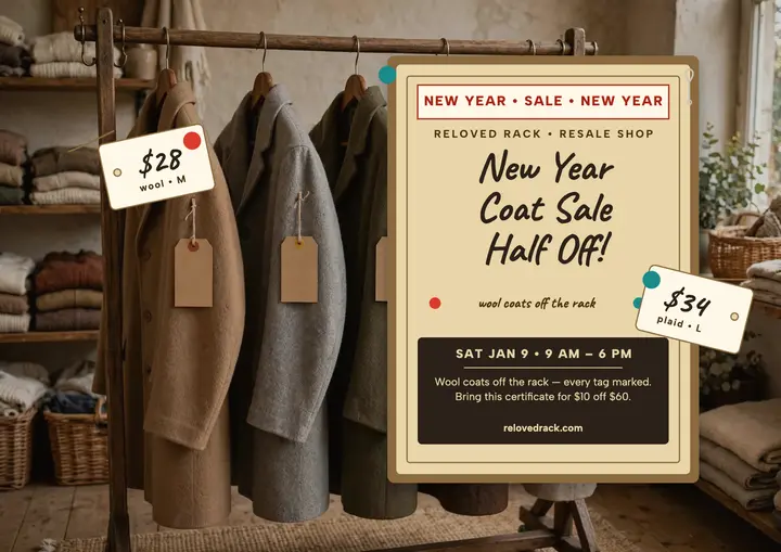 Reloved Rack New Year coat sale certificate template