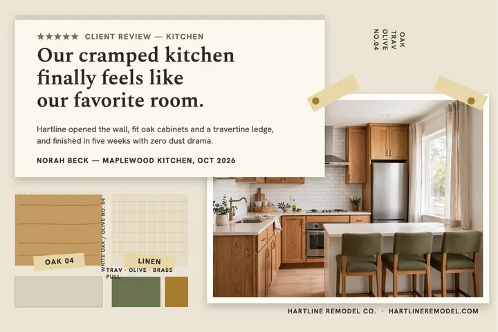 Hartline kitchen remodel review board: remodel review postcard template