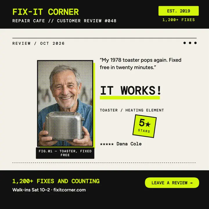 Fix-It Corner repair review dither card template