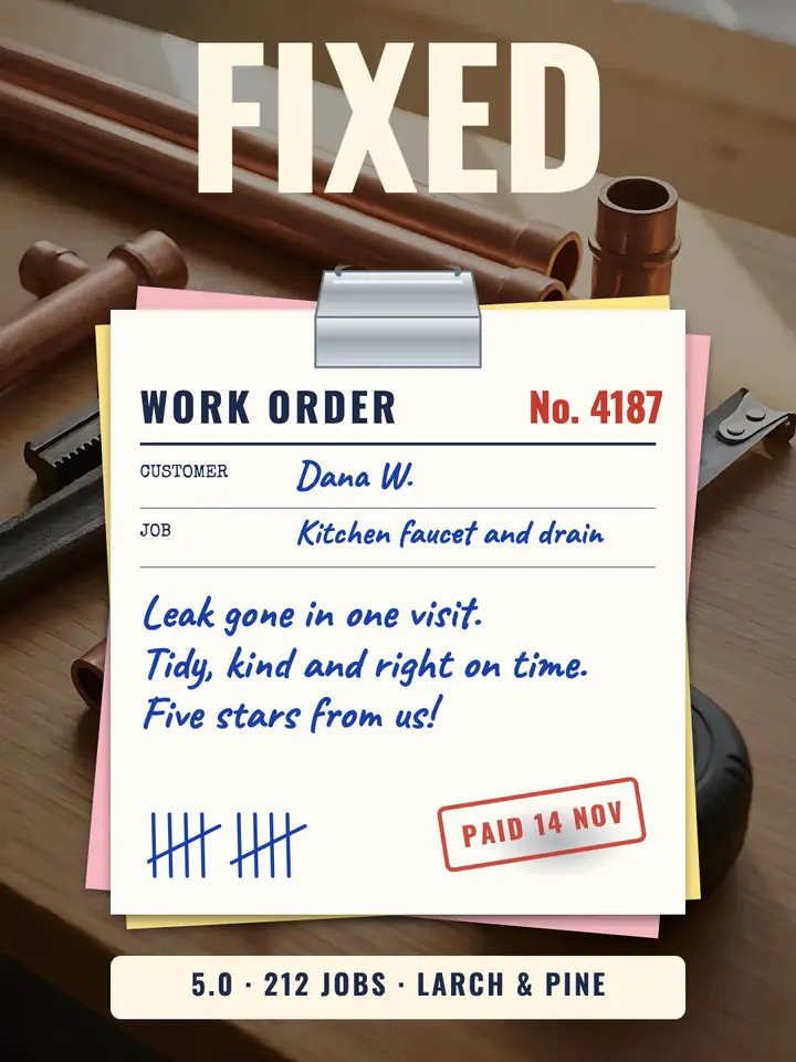 Larch & Pine Plumbing review docket post: customer review post template