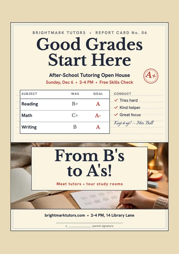 Brightmark Tutors open house report card flyer template