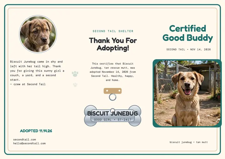 Biscuit Junebug adoption thank-you certificate template