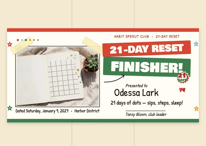 Habit Sprout Club 21-day reset certificate: reset challenge certificate template