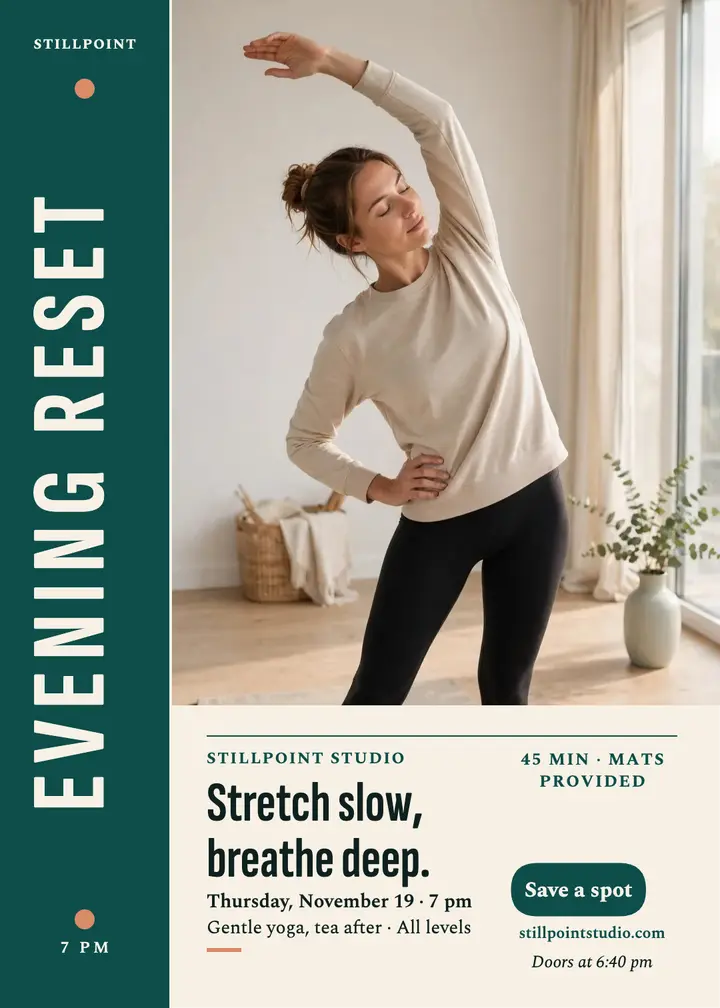 Stillpoint Studio Evening Reset spine invite template