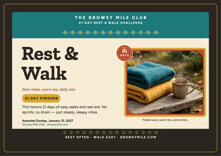 Rest and Walk 21-day certificate, Drowsy Mile template