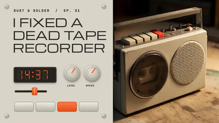 Tape recorder restoration YouTube thumbnail, hardware look template
