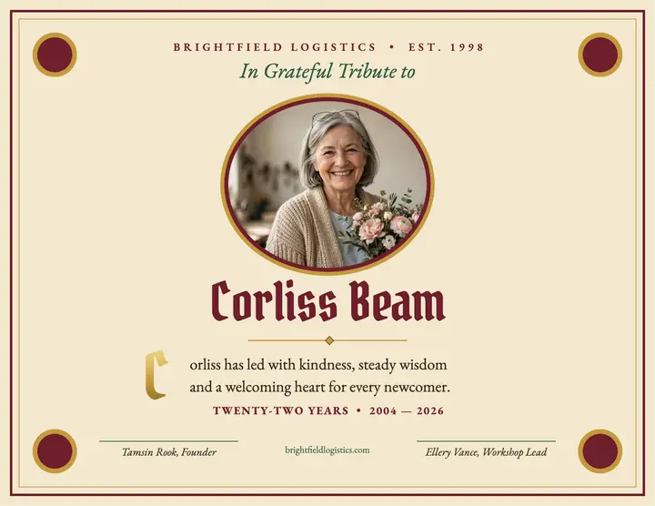 Corliss Beam retirement illuminated address: retirement certificate template